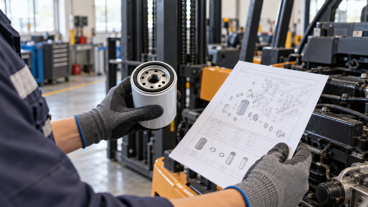 A service technician compares the oil filter with the forklift documentation
