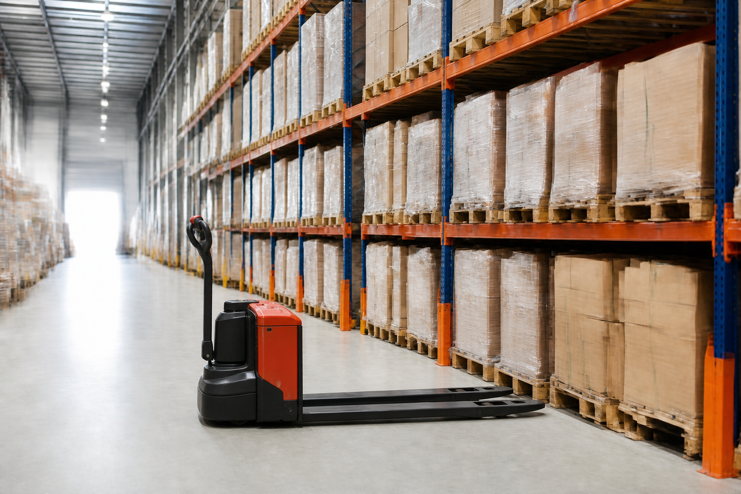 Electric pallet truck with forks facing the pallet in a warehouse