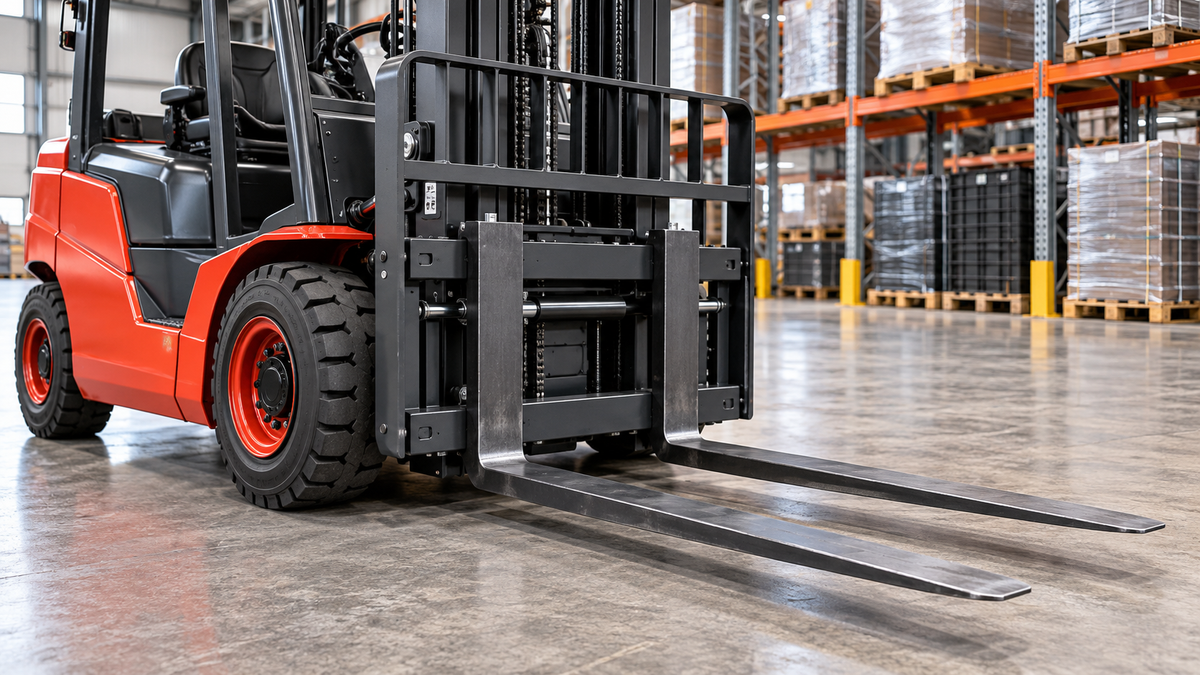 Correctly mounted forklift forks extended forward in the warehouse