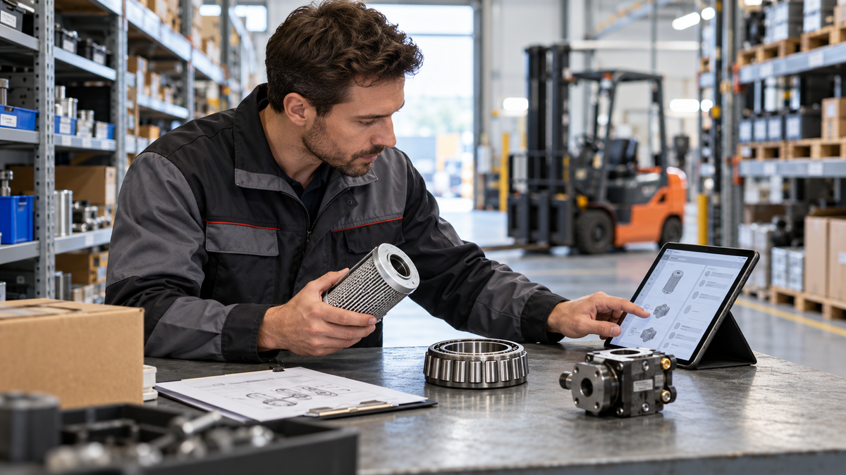 A service technician identifies forklift parts based on the catalog
