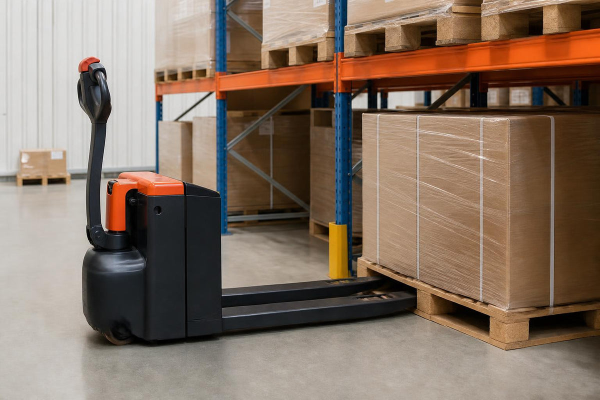 Pallet truck by a warehouse rack, with no visible markings, in a realistic horizontal shot
